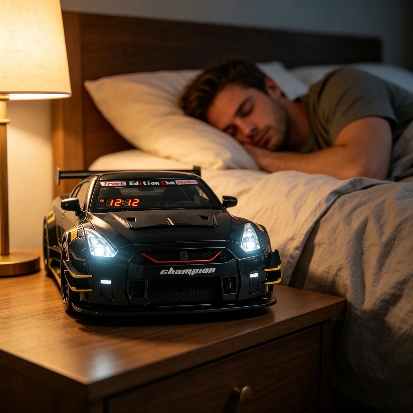 Creative Supercar Shaped Alarm Clock 3 Adjustable Modes, Engine Sound Spray Light, Fashion Gift for Men Car Lovers.
