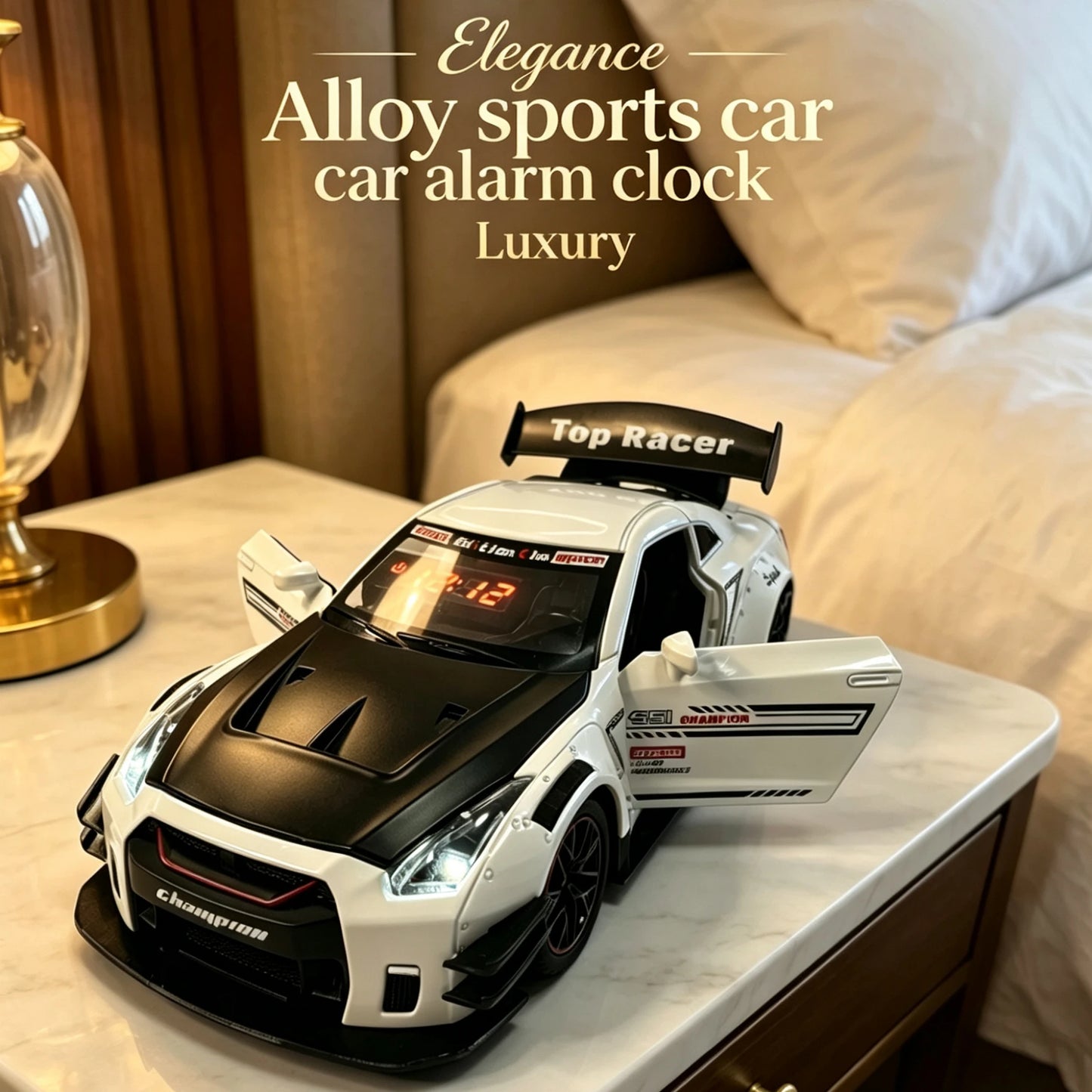 Creative Supercar Shaped Alarm Clock 3 Adjustable Modes, Engine Sound Spray Light, Fashion Gift for Men Car Lovers.