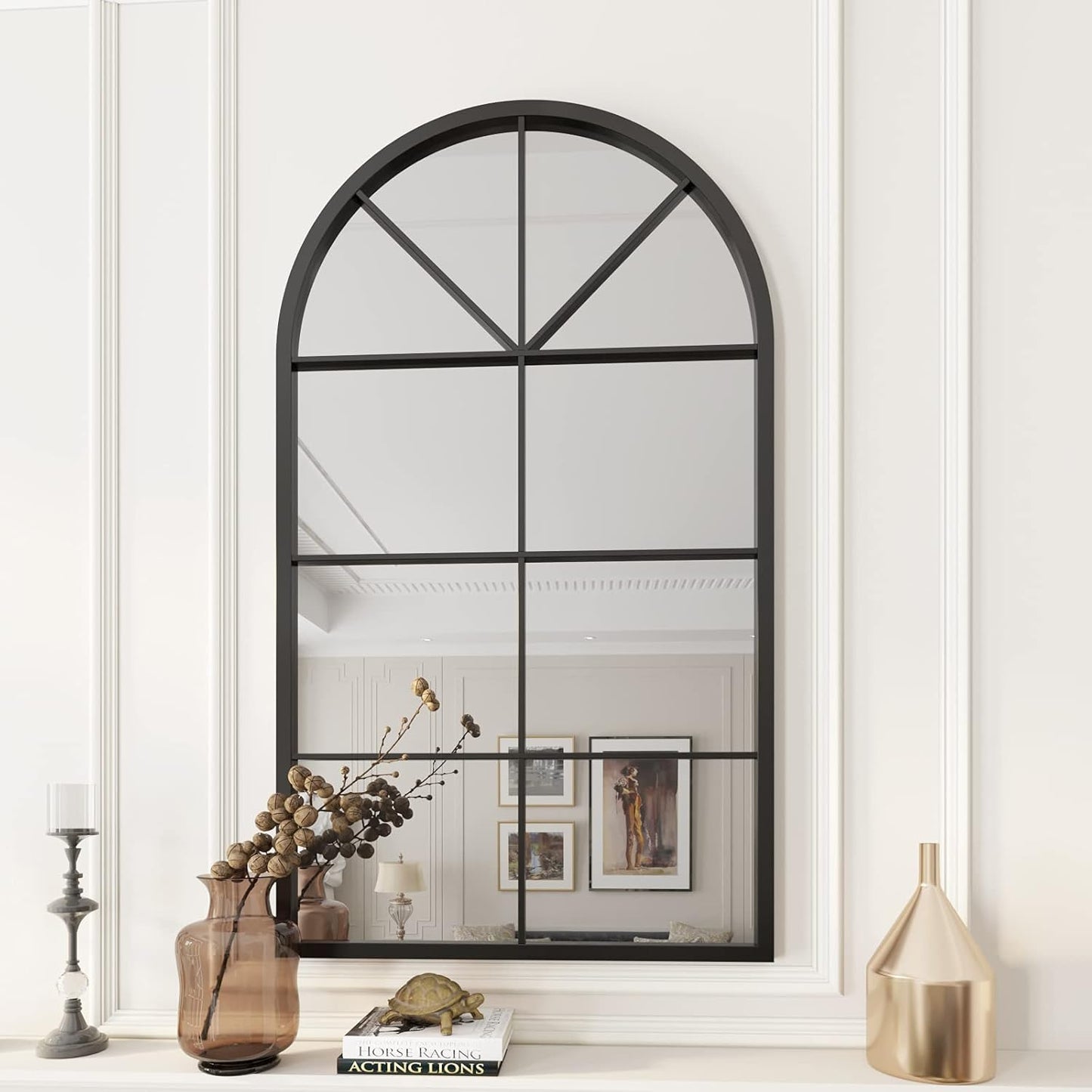 Arched Window Mirror, 41.3"X24" Grid Arch Mirror, Black Metal Windowpane Mirrors for Living Room Fireplace Entryway Bedroom Hallway Home Decor