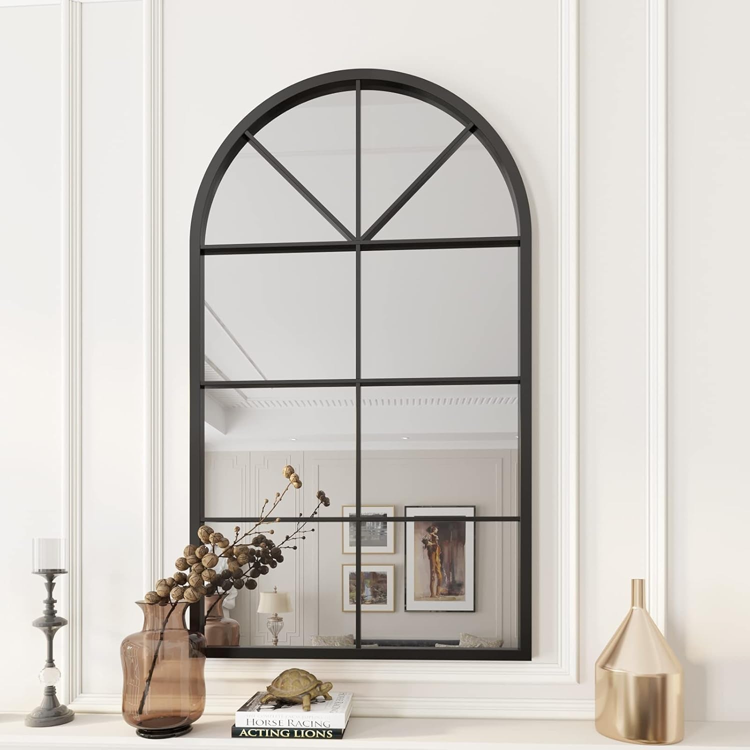Arched Window Mirror, 41.3"X24" Grid Arch Mirror, Black Metal Windowpane Mirrors for Living Room Fireplace Entryway Bedroom Hallway Home Decor