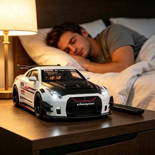 Creative Supercar Shaped Alarm Clock 3 Adjustable Modes, Engine Sound Spray Light, Fashion Gift for Men Car Lovers.