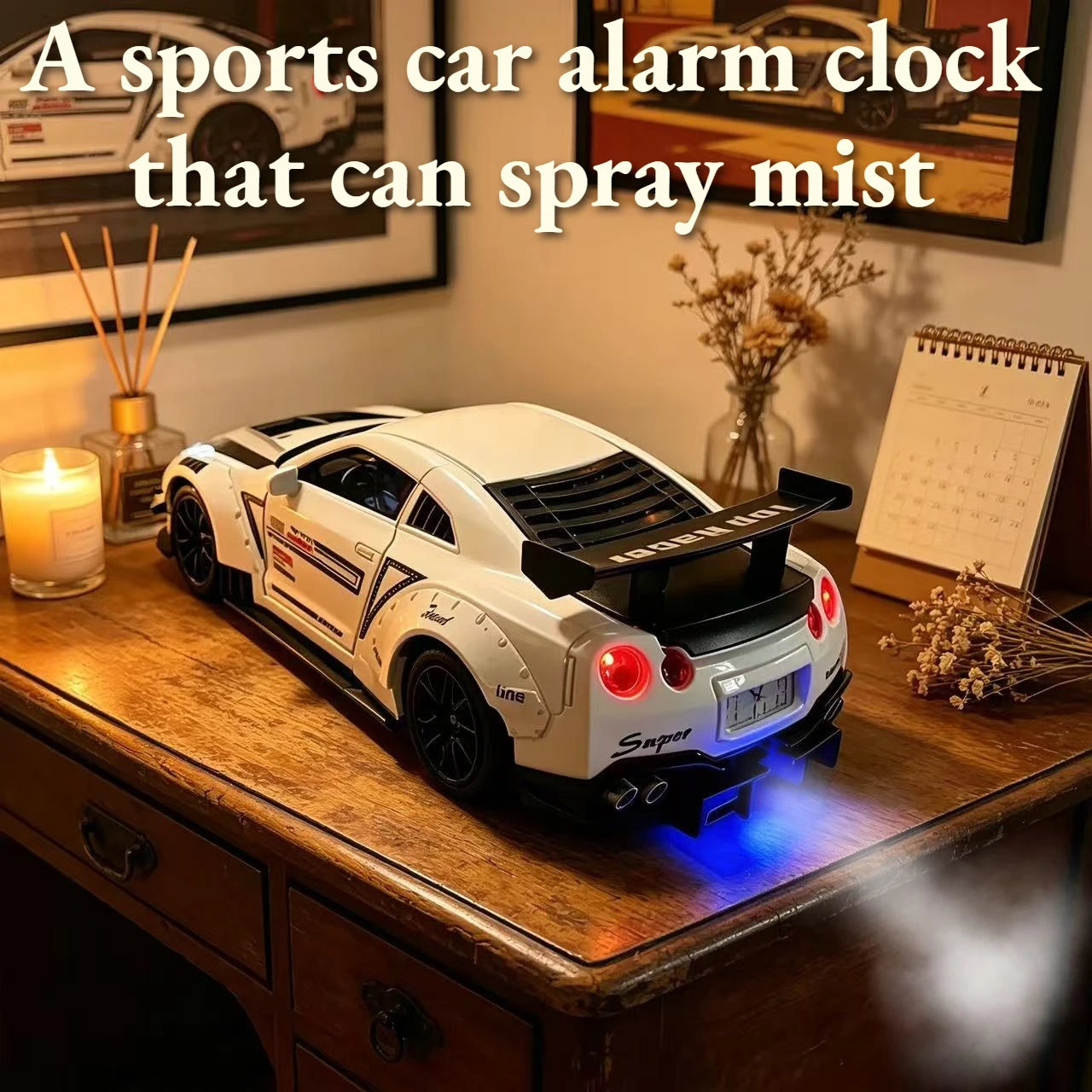 Creative Supercar Shaped Alarm Clock 3 Adjustable Modes, Engine Sound Spray Light, Fashion Gift for Men Car Lovers.