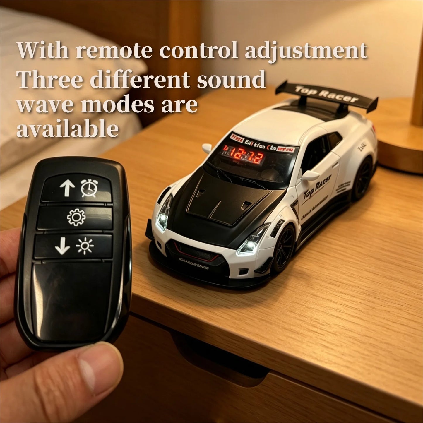 Creative Supercar Shaped Alarm Clock 3 Adjustable Modes, Engine Sound Spray Light, Fashion Gift for Men Car Lovers.