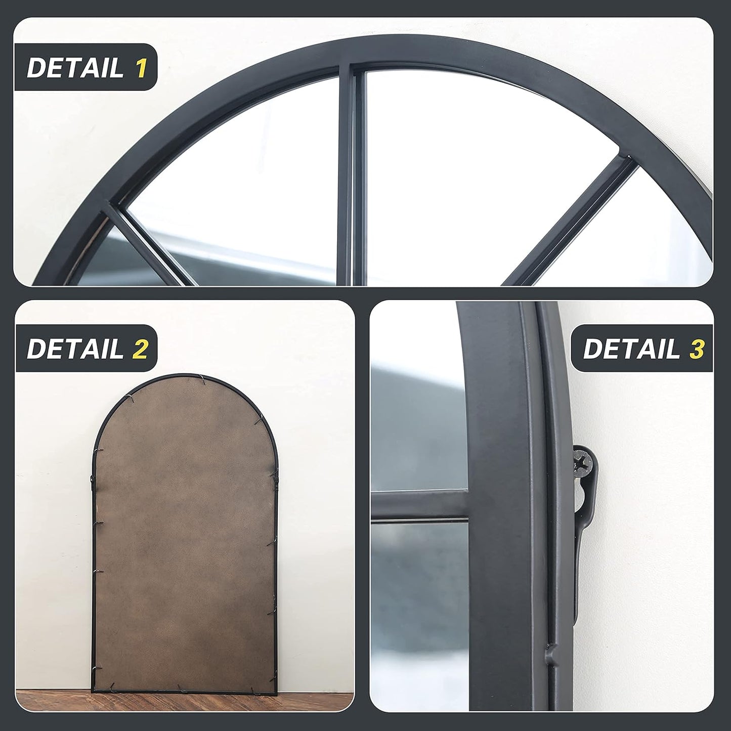 Arched Window Mirror, 41.3"X24" Grid Arch Mirror, Black Metal Windowpane Mirrors for Living Room Fireplace Entryway Bedroom Hallway Home Decor