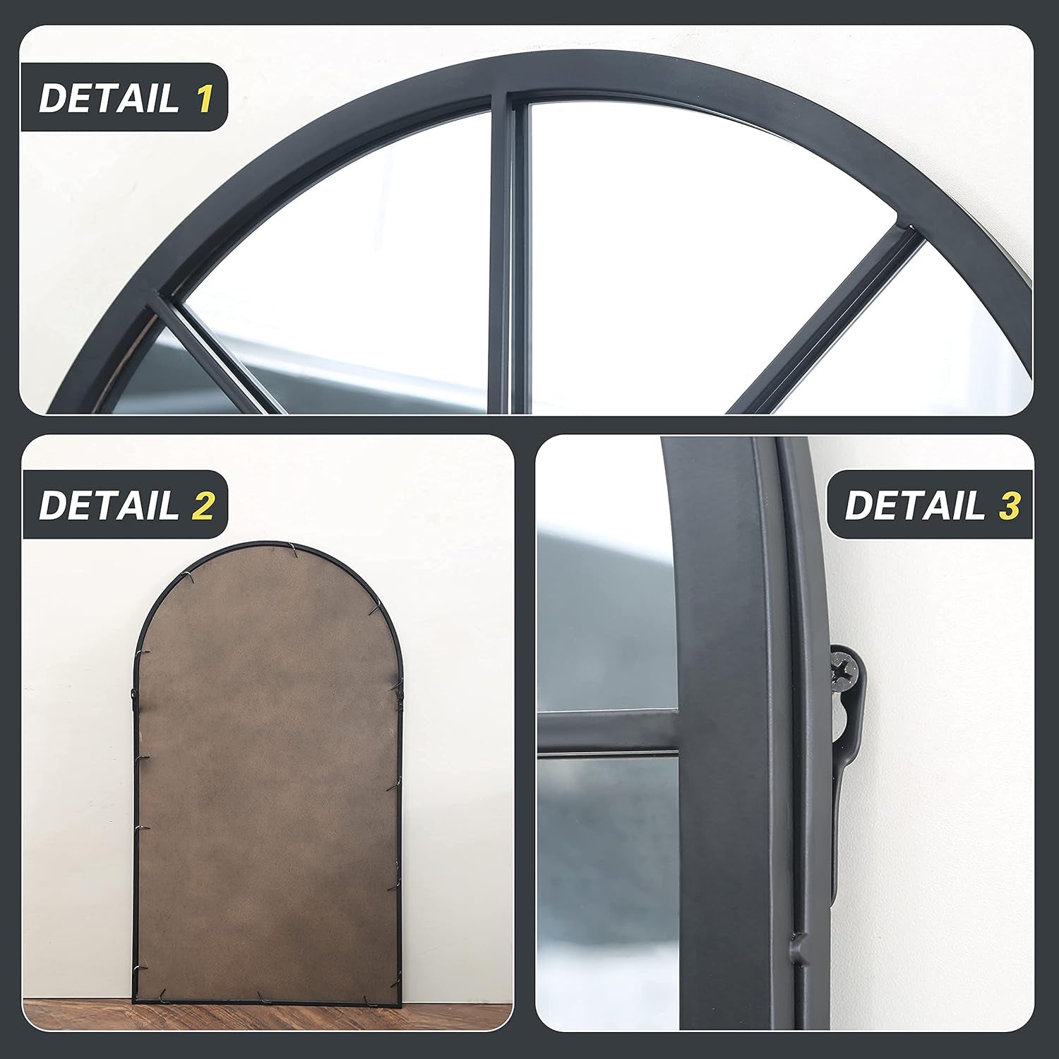 Arched Window Mirror, 41.3"X24" Grid Arch Mirror, Black Metal Windowpane Mirrors for Living Room Fireplace Entryway Bedroom Hallway Home Decor